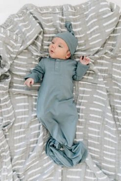 Dusty Blue Bamboo Knot Gown for Newborns | Ultra-Soft Baby Sleeper