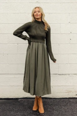 Satin Sweater Dress - Elegant Mock Neck Holiday Midi for Women