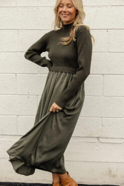 Satin Sweater Dress - Elegant Mock Neck Holiday Midi for Women -ROOLEE FASHION SHOP 028A0049