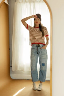 Striped Soft Knit Top with Contrast Ribbed Trim