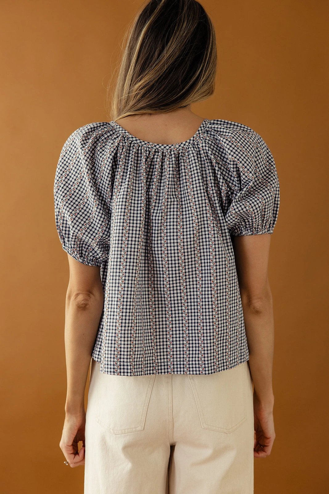 Floral and Gingham Mixed Print Button Down Blouse with Puff Sleeves 14 Floral and Gingham Mixed Print Button Down Blouse with Puff Sleeves - Image 12