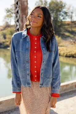 Denim Jacket with Pleated Details - Medium Weight Women's Outerwear -ROOLEE FASHION SHOP 028A1711