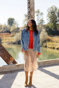 Denim Jacket with Pleated Details - Medium Weight Women's Outerwear -ROOLEE FASHION SHOP 028A1720