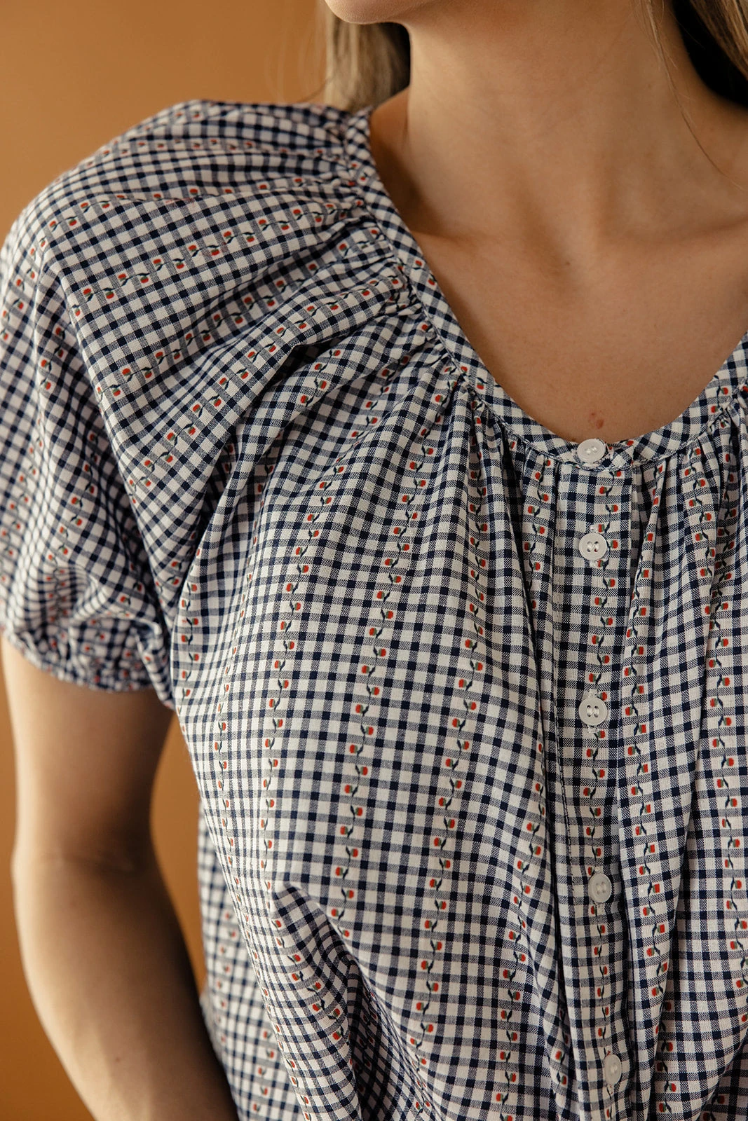 Floral and Gingham Mixed Print Button Down Blouse with Puff Sleeves 11 Floral and Gingham Mixed Print Button Down Blouse with Puff Sleeves - Image 9