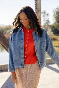 Denim Jacket with Pleated Details - Medium Weight Women's Outerwear -ROOLEE FASHION SHOP 028A1727