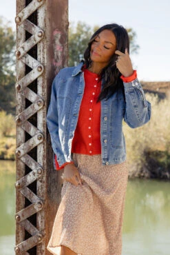 Denim Jacket with Pleated Details - Medium Weight Women's Outerwear -ROOLEE FASHION SHOP 028A1741 e4010c16 8da8 42e4 abc9 b120da3e665d