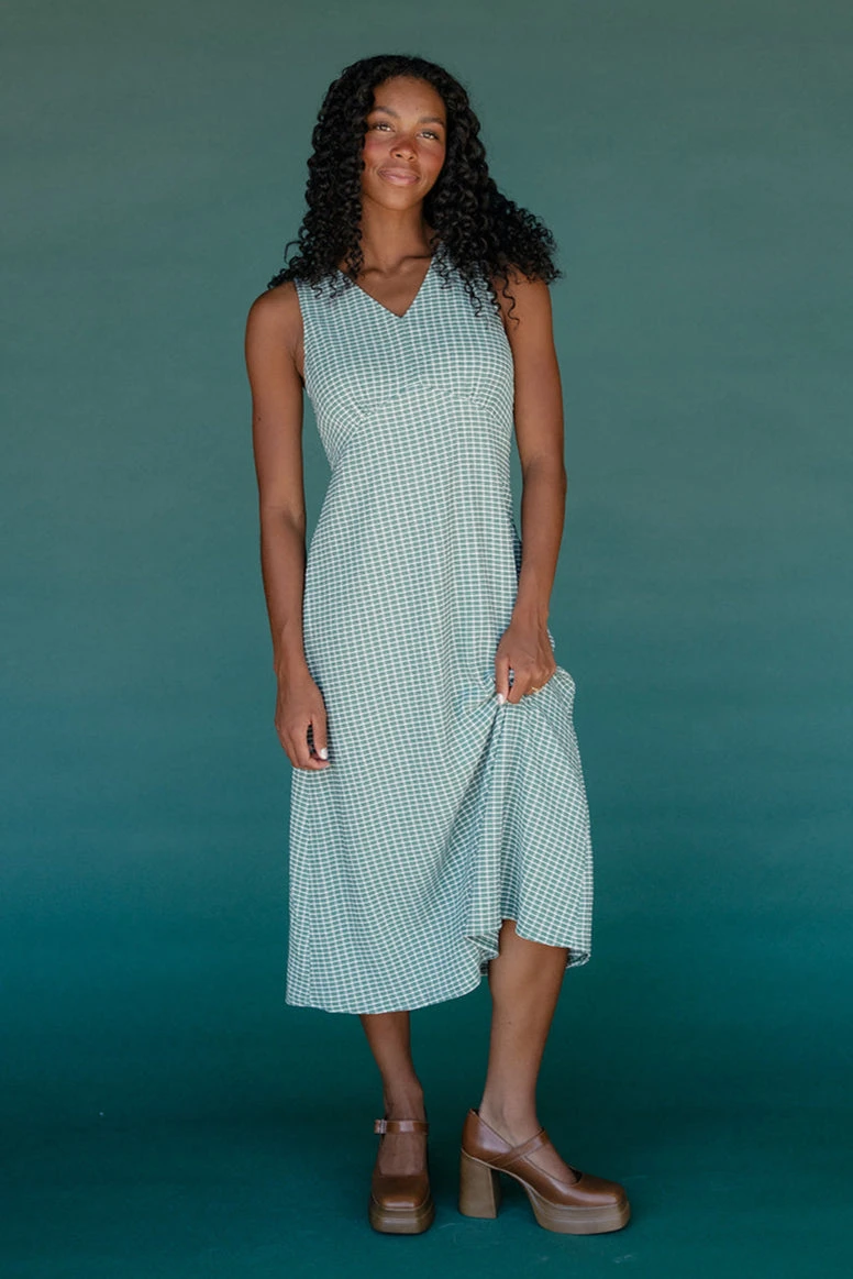 Green Gingham Midi Tank Dress with Back Tie Detail 3 Green Gingham Midi Tank Dress with Back Tie Detail