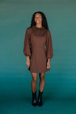 Brown Collared Long Sleeve Mini Dress - Evermore Autumn Style -ROOLEE FASHION SHOP 028A1947