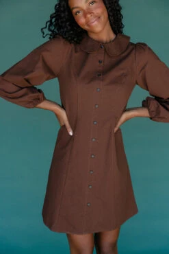 Brown Collared Long Sleeve Mini Dress - Evermore Autumn Style -ROOLEE FASHION SHOP 028A1957
