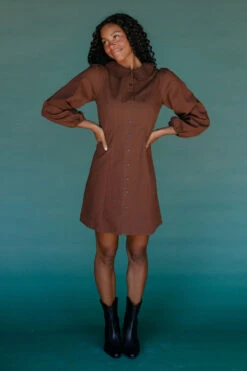 Brown Collared Long Sleeve Mini Dress - Evermore Autumn Style