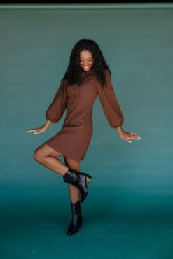 Brown Collared Long Sleeve Mini Dress - Evermore Autumn Style -ROOLEE FASHION SHOP 028A1971