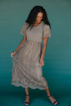 Boho Lace Smocked Midi Dress with Pockets -ROOLEE FASHION SHOP 028A2014