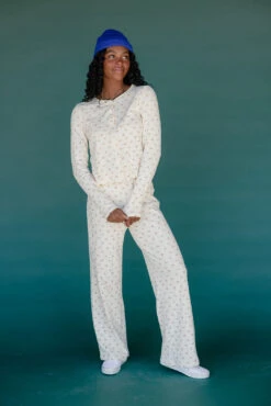 Floral Print Pointelle Long Sleeve Lounge Set in Cream -ROOLEE FASHION SHOP 028A2063