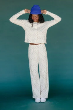 Floral Print Pointelle Long Sleeve Lounge Set in Cream -ROOLEE FASHION SHOP 028A2068