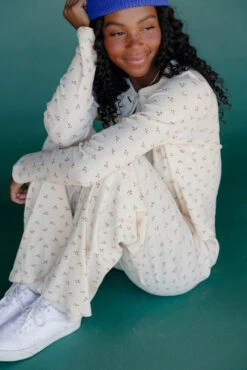 Floral Print Pointelle Long Sleeve Lounge Set in Cream