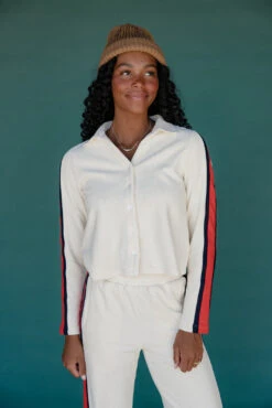 Women's Sporty Ivory Collared Cardigan with Contrast Stripes -ROOLEE FASHION SHOP 028A2190