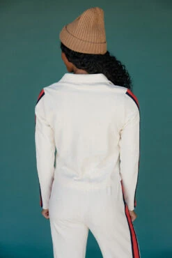 Women's Sporty Ivory Collared Cardigan with Contrast Stripes -ROOLEE FASHION SHOP 028A2192 c7f3b151 c19d 4cf4 ba82 cacc976db661