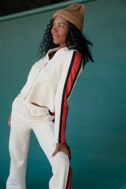 Women's Sporty Ivory Collared Cardigan with Contrast Stripes