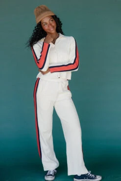 Women's Sporty Ivory Collared Cardigan with Contrast Stripes -ROOLEE FASHION SHOP 028A2246 4ef4a58a e3bd 4ad8 bb4f 16dae5e3a7c2 1