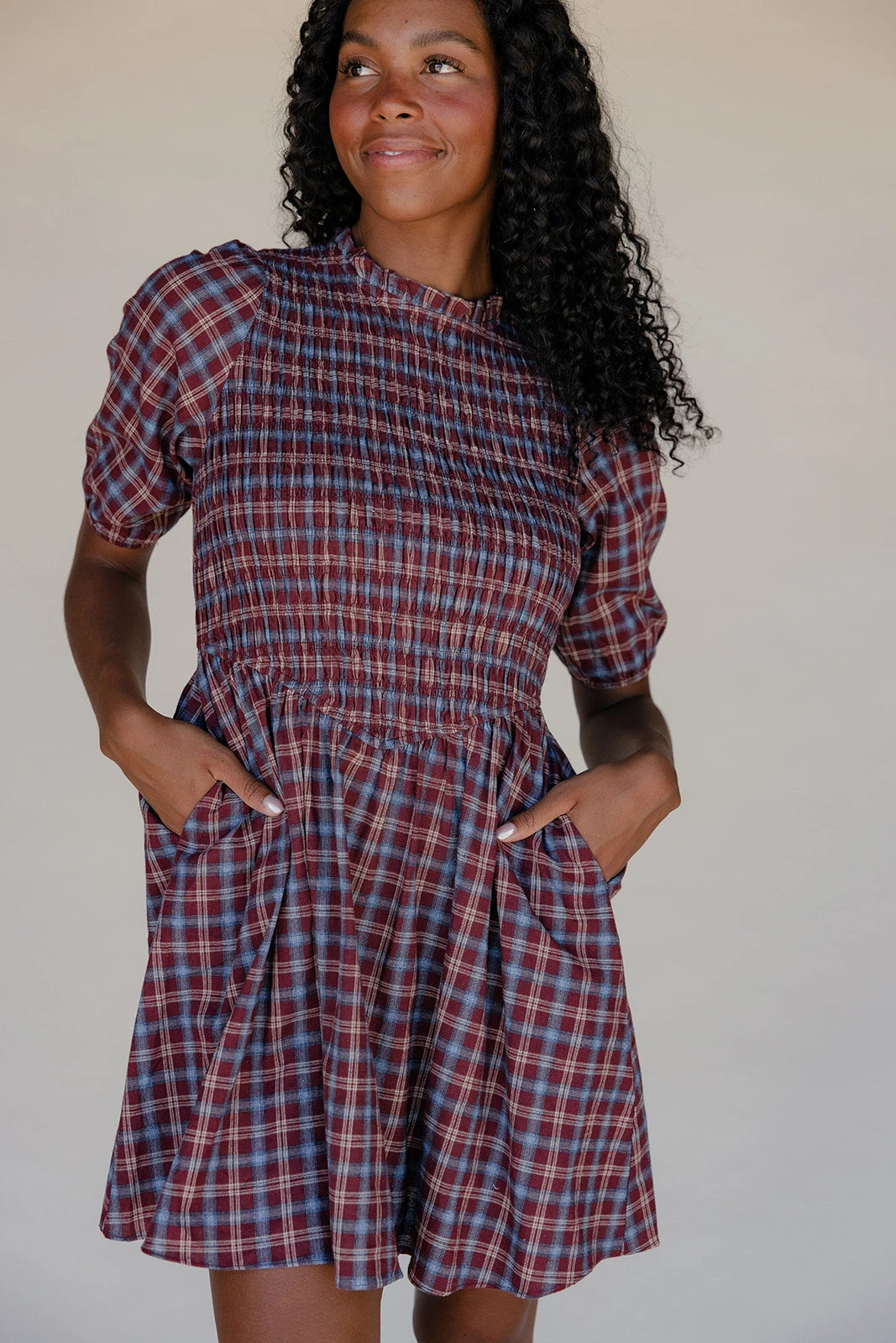 Red Smocked Mini Dress with Puff Sleeves and Pockets - The Stonegate 4 Red Smocked Mini Dress with Puff Sleeves and Pockets - The Stonegate - Image 2