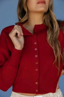 Vibrant Cranberry Cropped Cardigan - Cozy Knit Layering Piece -ROOLEE FASHION SHOP 028A2570