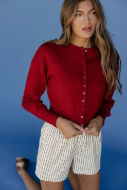 Vibrant Cranberry Cropped Cardigan - Cozy Knit Layering Piece
