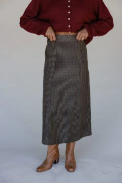 Brown Gingham Midi Skirt - Chestnut Hollow Pencil Silhouette