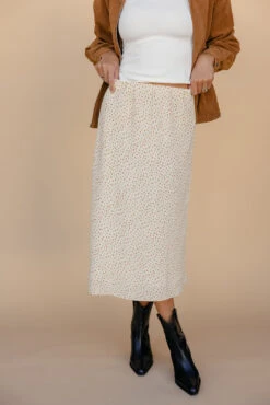 Floral Cream Midi Skirt - Flowy High-Waist A-Line Bottom