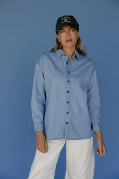 Relaxed Fit Blue Denim Button-Up Top - Premium Heavyweight Cotton 18 Relaxed Fit Blue Denim Button-Up Top - Premium Heavyweight Cotton -ROOLEE FASHION SHOP 028A2695