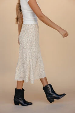 Floral Cream Midi Skirt - Flowy High-Waist A-Line Bottom -ROOLEE FASHION SHOP 028A2718