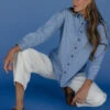 Relaxed Fit Blue Denim Button-Up Top - Premium Heavyweight Cotton