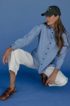 Relaxed Fit Blue Denim Button-Up Top - Premium Heavyweight Cotton