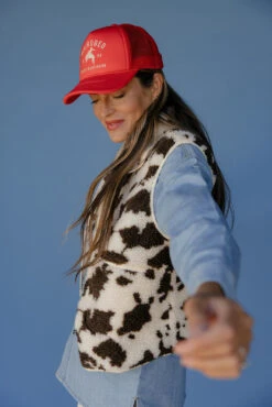 Cow Print Sherpa Vest - Cozy Western Ranch Style Highland Vest