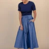 Vintage Indigo Denim Midi Dress with Pockets and Defined Waist -ROOLEE FASHION SHOP 028A2810