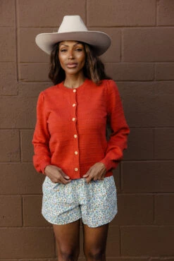 Textured Balloon Sleeve Cardigan - Vibrant Cropped Button-Up -ROOLEE FASHION SHOP 028A2894