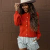 Textured Balloon Sleeve Cardigan - Vibrant Cropped Button-Up -ROOLEE FASHION SHOP 028A2908