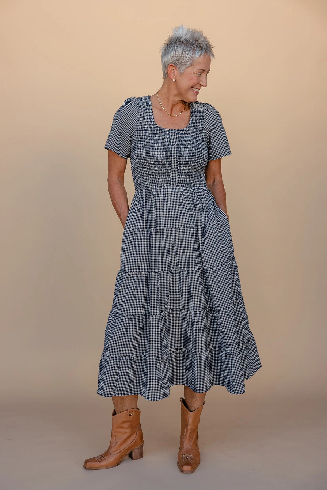 Gingham Smocked Tiered Dress with Pockets - The Ava Mae 4 Gingham Smocked Tiered Dress with Pockets - The Ava Mae - Image 2