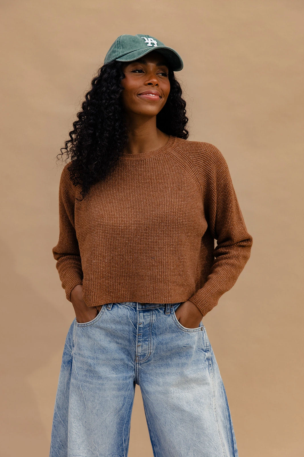 Cropped Waffle Knit Raglan Sweater 4 Cropped Waffle Knit Raglan Sweater - Image 2