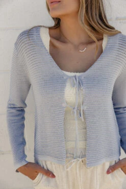 Blue Open Knit Tie Front Cardigan - Ellis Island Summer Layer