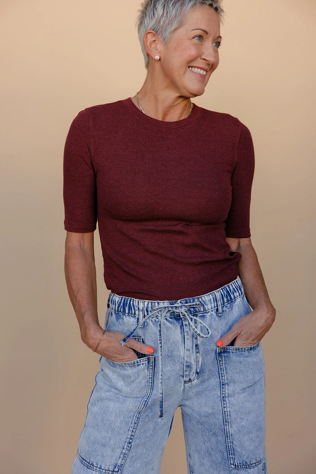 Be Cool Mulberry Knit Tee - Sleek Fitted Short Sleeve Top 4 Be Cool Mulberry Knit Tee - Sleek Fitted Short Sleeve Top - Image 2