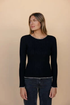 Black Ribbed Long Sleeve Top with White Contrast Stitching -ROOLEE FASHION SHOP 028A3081 8bb14d35 e892 419c b960 3261283e7b3d