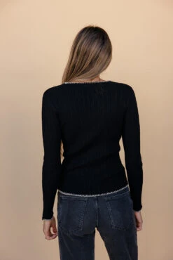 Black Ribbed Long Sleeve Top with White Contrast Stitching -ROOLEE FASHION SHOP 028A3082