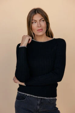 Black Ribbed Long Sleeve Top with White Contrast Stitching -ROOLEE FASHION SHOP 028A3093 72c61113 b969 4ce5 b262 ef924e2dcb24