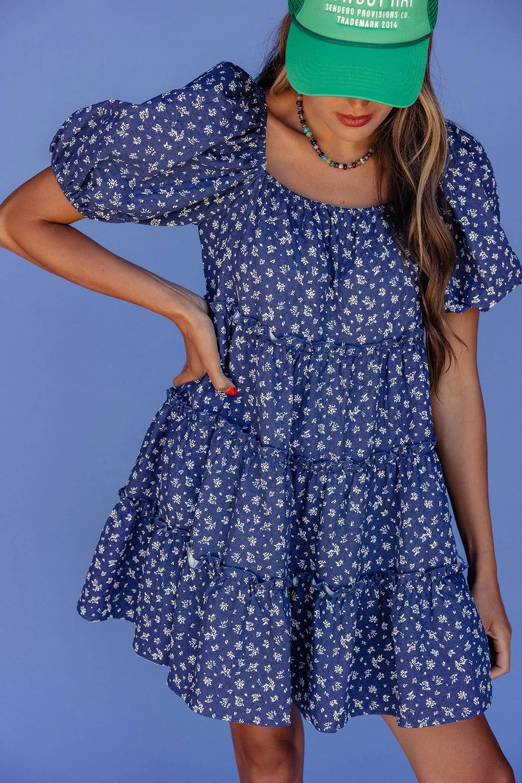 Skyline Blue Floral Mini Dress with Puff Sleeves 4 Skyline Blue Floral Mini Dress with Puff Sleeves - Image 2