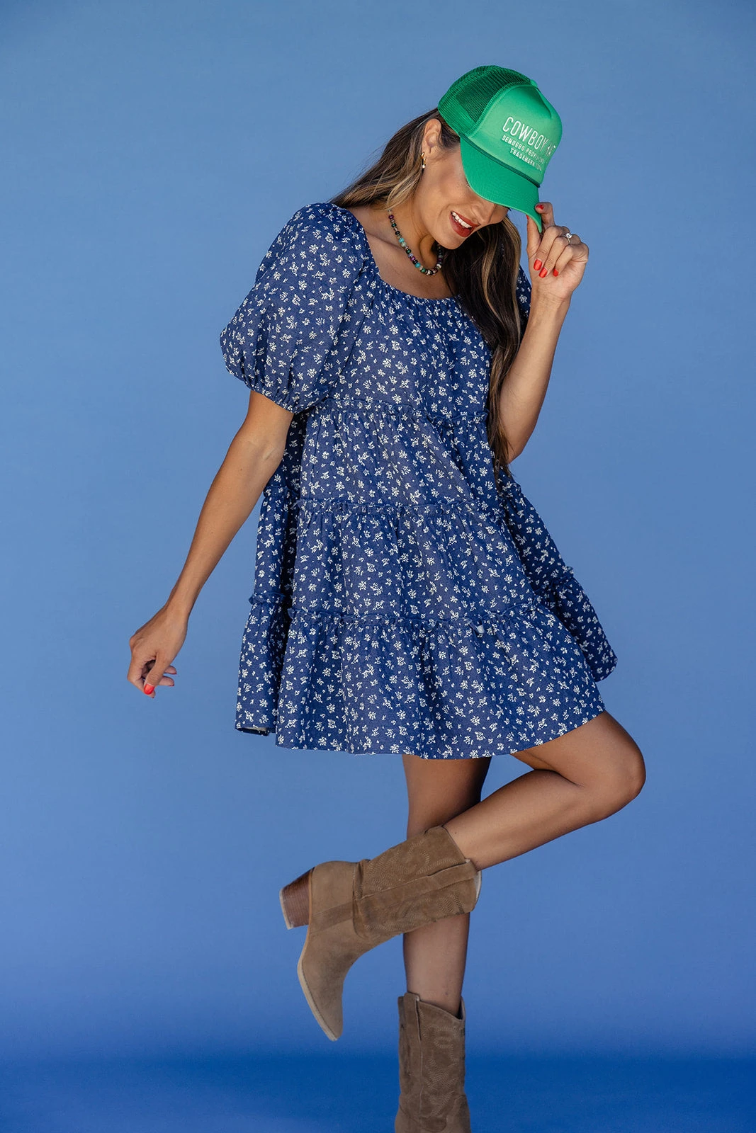 Skyline Blue Floral Mini Dress with Puff Sleeves 3 Skyline Blue Floral Mini Dress with Puff Sleeves