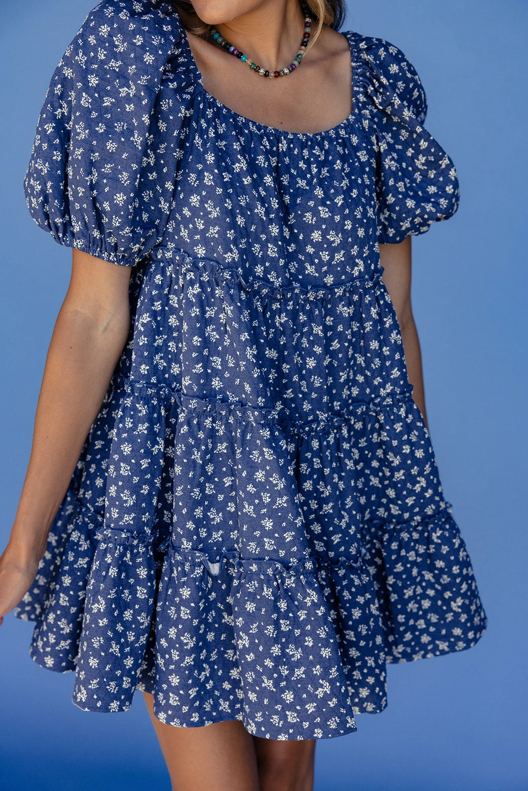 Skyline Blue Floral Mini Dress with Puff Sleeves 9 Skyline Blue Floral Mini Dress with Puff Sleeves - Image 7