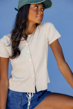 Summer Ribbed Button Blouse with Scalloped Hem