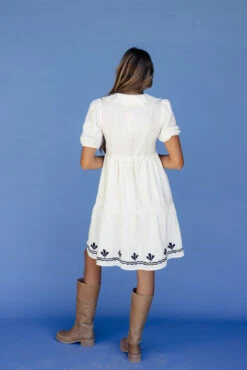 Embroidered Ivory Puff Sleeve Dress with Scalloped Peter Pan Collar -ROOLEE FASHION SHOP 028A3417