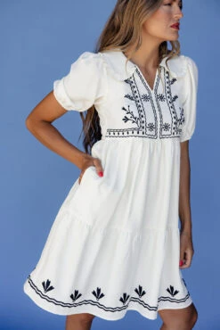Embroidered Ivory Puff Sleeve Dress with Scalloped Peter Pan Collar -ROOLEE FASHION SHOP 028A3422