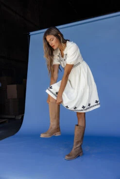 Embroidered Ivory Puff Sleeve Dress with Scalloped Peter Pan Collar